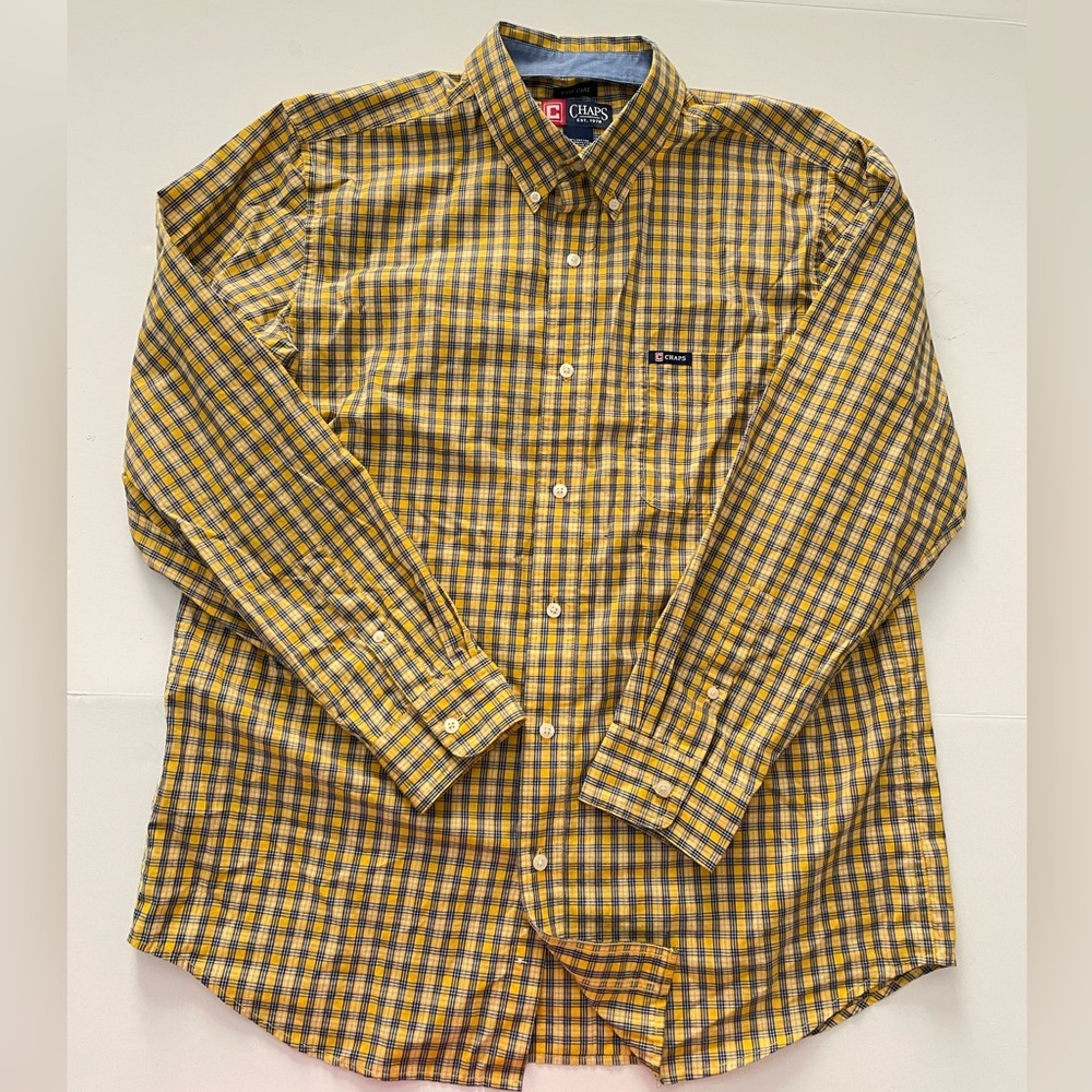 CHAPS Easy Care Button Up Shirt Mens Large Yellow Check Long Sleeve Work Casual